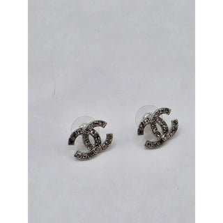 Chanel Silver-tone Strass Interlocking CC Stud Earrings