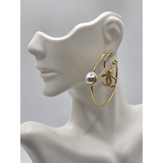 Chanel Gold-tone 2020 Faux Pearl Interlocking Hoop Earrings