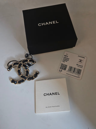 Cute Chanel Gold-tone 2019 Leather Woven Interlocking CC Brooch