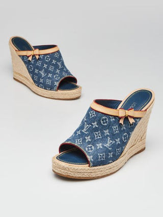 Louis Vuitton Blue LV Monogram Denim Espadrille Wedges 38 sz