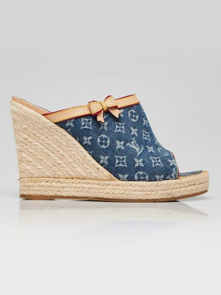 Louis Vuitton Blue LV Monogram Denim Espadrille Wedges 38 sz