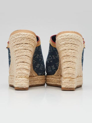 Louis Vuitton Blue LV Monogram Denim Espadrille Wedges 38 sz
