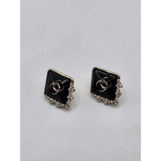 AUTH NEW Chanel Gold-tone Black Strass Interlocking CC Stud Earrings