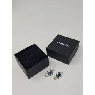 Chanel Silver-tone Blue Interlocking CC Drop Earrings