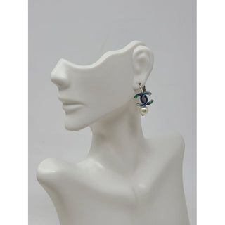 Chanel Silver-tone Blue Interlocking CC Drop Earrings