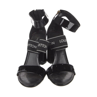 Authentic Louis Vuitton Black Patent Block Heel Sandals – Logo Strap, 39.5