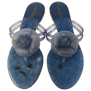 Chanel Blue Glitter Jelly CC Logo Camellia Sandals 38 EU