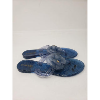 Chanel Blue Glitter Jelly CC Logo Camellia Sandals 38 EU