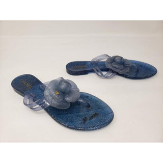 Chanel Blue Glitter Jelly CC Logo Camellia Sandals 38 EU