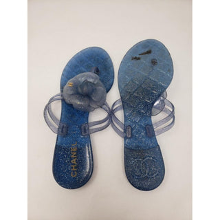 Chanel Blue Glitter Jelly CC Logo Camellia Sandals 38 EU