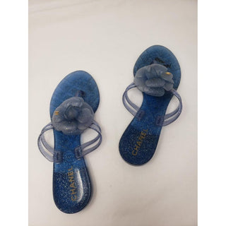 Chanel Blue Glitter Jelly CC Logo Camellia Sandals 38 EU