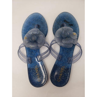 Chanel Blue Glitter Jelly CC Logo Camellia Sandals 38 EU