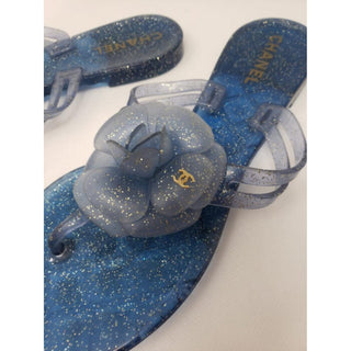 Chanel Blue Glitter Jelly CC Logo Camellia Sandals 38 EU