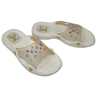 Louis Vuitton white multicolor LV Monogram rubber pool slides 35 sz