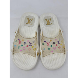 Louis Vuitton white multicolor LV Monogram rubber pool slides 35 sz