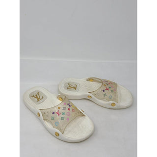 Louis Vuitton white multicolor LV Monogram rubber pool slides 35 sz