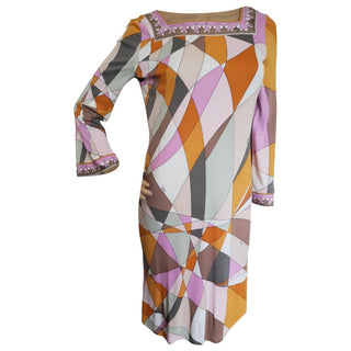 Emilio Pucci White Multicolor Signature Print Dress 8 US