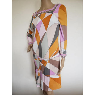 Emilio Pucci White Multicolor Signature Print Dress 8 US