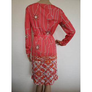 Emilio Pucci Coral Pink Multicolor Signature Print Dress 8 US