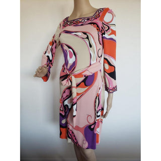 Emilio Pucci Pink Multicolor Signature Print Belted Dress 10 US