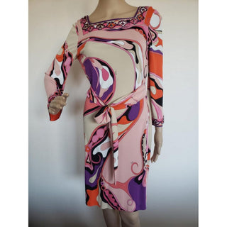 Emilio Pucci Pink Multicolor Signature Print Belted Dress 10 US