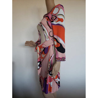 Emilio Pucci Pink Multicolor Signature Print Belted Dress 10 US