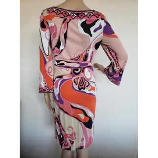 Emilio Pucci Pink Multicolor Signature Print Belted Dress 10 US