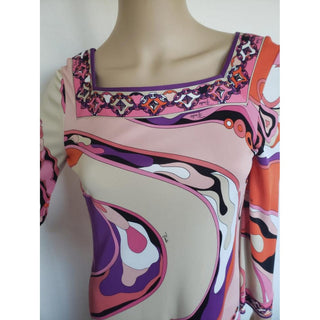 Emilio Pucci Pink Multicolor Signature Print Belted Dress 10 US