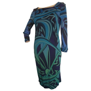 Emilio Pucci Blue Multicolor Signature Print Dress 10 US