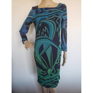 Emilio Pucci Blue Multicolor Signature Print Dress 10 US