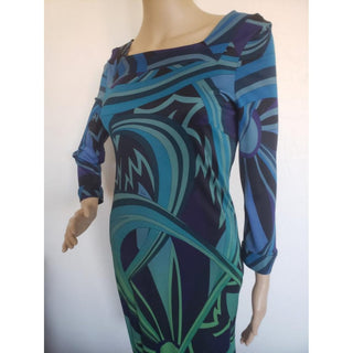 Emilio Pucci Blue Multicolor Signature Print Dress 10 US