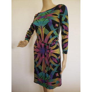 Emilio Pucci Black Multicolor Signature Print Belted Dress 4 US