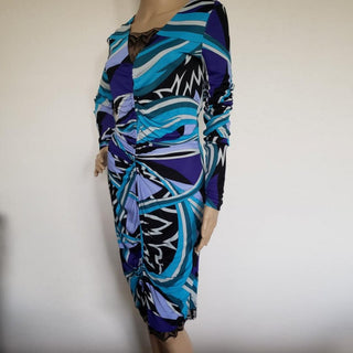 Emilio Pucci Blue Multicolor Signature Print Lace Dress 10 US