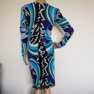 Emilio Pucci Blue Multicolor Signature Print Lace Dress 10 US