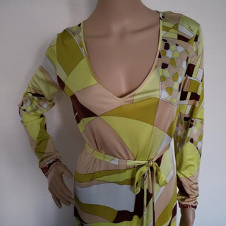 Emilio Pucci Yellow Multicolor Signature Print Silk Dress 10 US