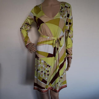 Emilio Pucci Yellow Multicolor Signature Print Silk Dress 10 US