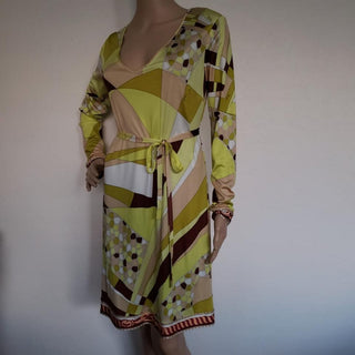 Emilio Pucci Yellow Multicolor Signature Print Silk Dress 10 US