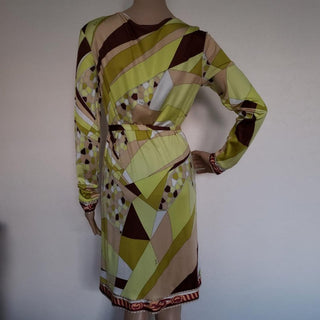 Emilio Pucci Yellow Multicolor Signature Print Silk Dress 10 US