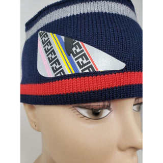 Fendi Navy multicolor FF Logo Printed wool headband M sz