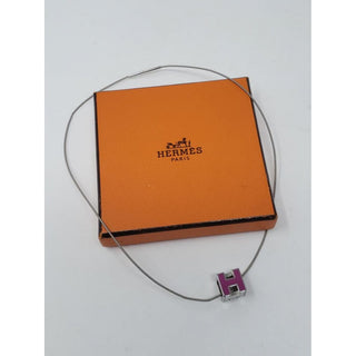 Hermès Pink Enamel Palladium-Plated Cage d'H charm necklace