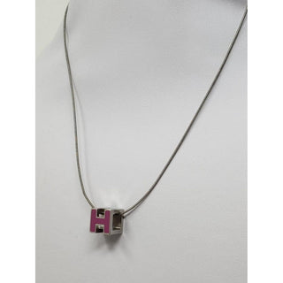 Hermès Pink Enamel Palladium-Plated Cage d'H charm necklace