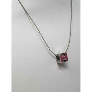 Hermès Pink Enamel Palladium-Plated Cage d'H charm necklace