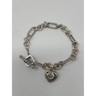 David Yurman Sterling Silver heart charm Figaro chain link bracelet