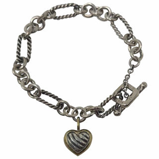 David Yurman Sterling Silver heart charm Figaro chain link bracelet