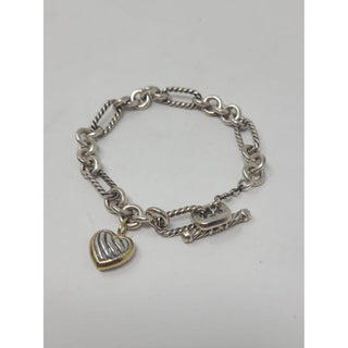 David Yurman Sterling Silver heart charm Figaro chain link bracelet