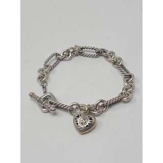 David Yurman Sterling Silver heart charm Figaro chain link bracelet