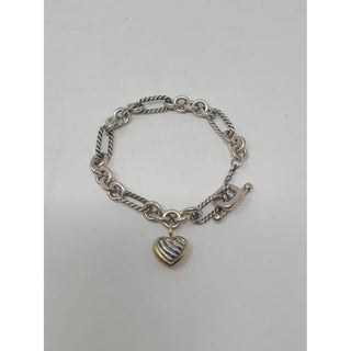 David Yurman Sterling Silver heart charm Figaro chain link bracelet