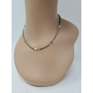 David Yurman Sterling Silver 14k DY and Pearl Station Cable Necklace