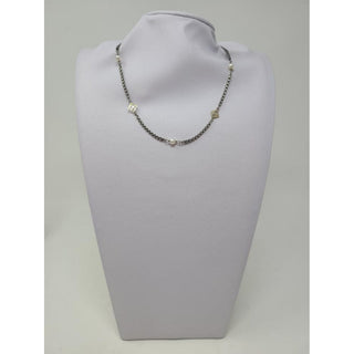 David Yurman Sterling Silver 14k DY and Pearl Station Cable Necklace