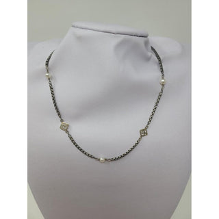 David Yurman Sterling Silver 14k DY and Pearl Station Cable Necklace